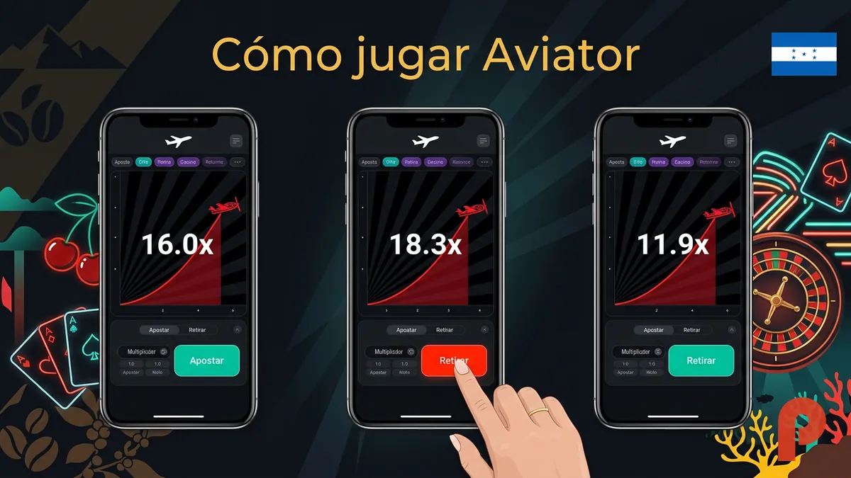 Pasos para jugar Aviator en Pin-Up Honduras mostrados en tres pantallas de celular en español
