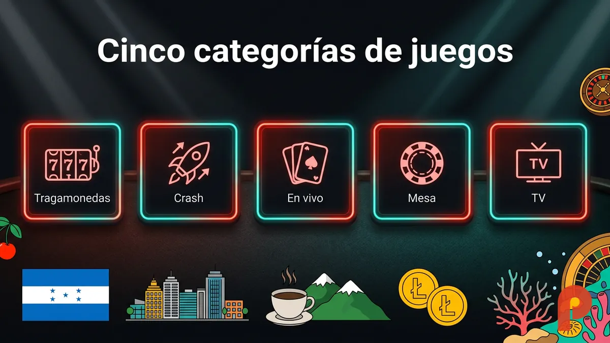 Cinco categorías de juegos de Pin-Up Honduras: tragamonedas, crash, en vivo, mesa y TV en iconos con neón