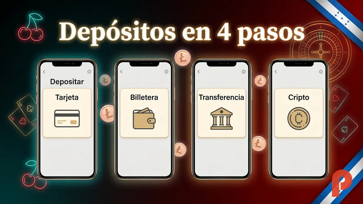 Cuatro mockups de teléfono con métodos de depósito en español para Pin-Up Honduras: tarjeta, billetera, transferencia y cripto